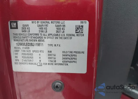 2011 Chevrolet Traverse Ltz z USA, uszkodzony, nr VIN 1GNKVLED3BJ119611